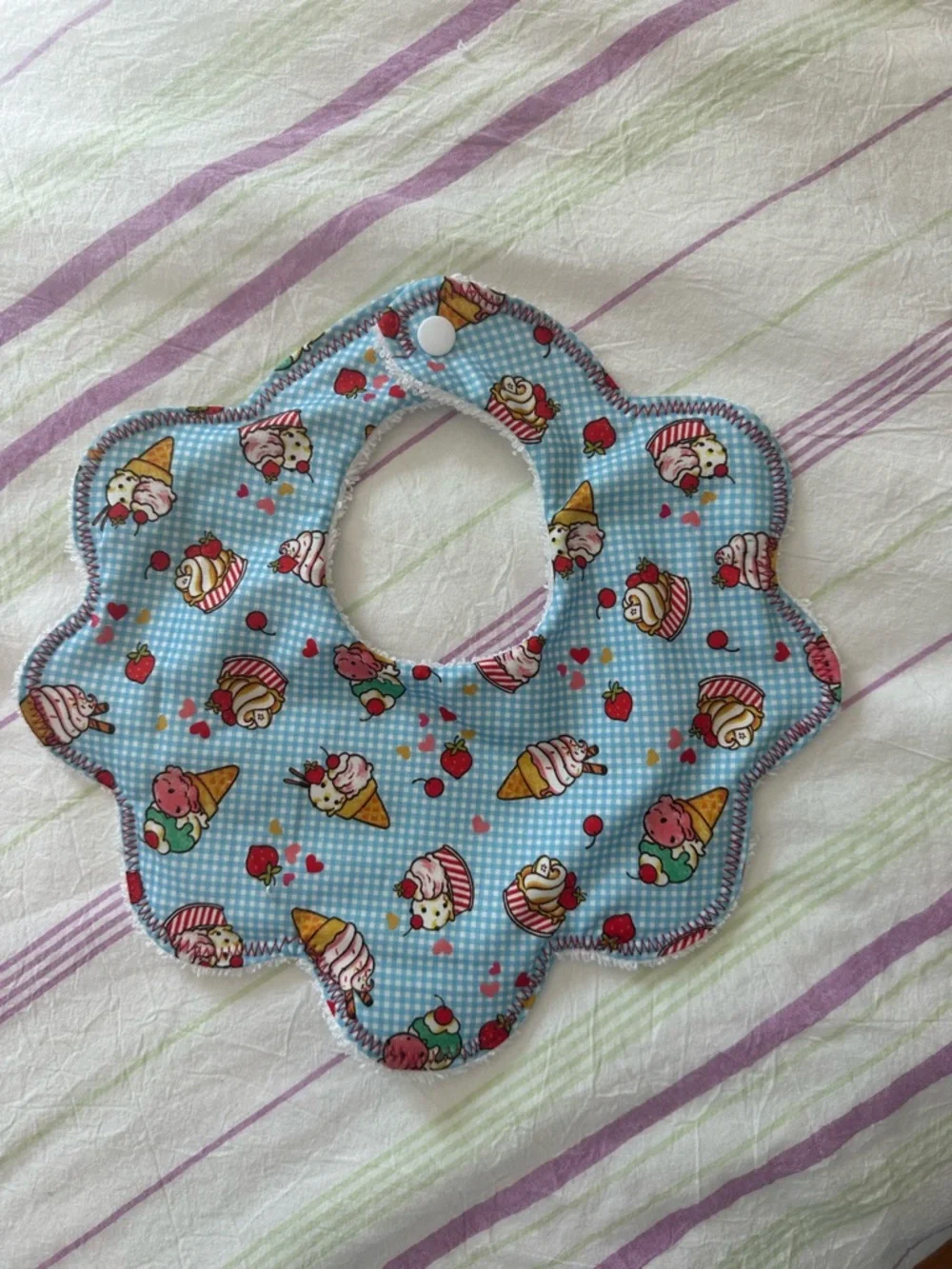 Baby Floral Scallop Bib in Light Blue with Sweet Treat Print